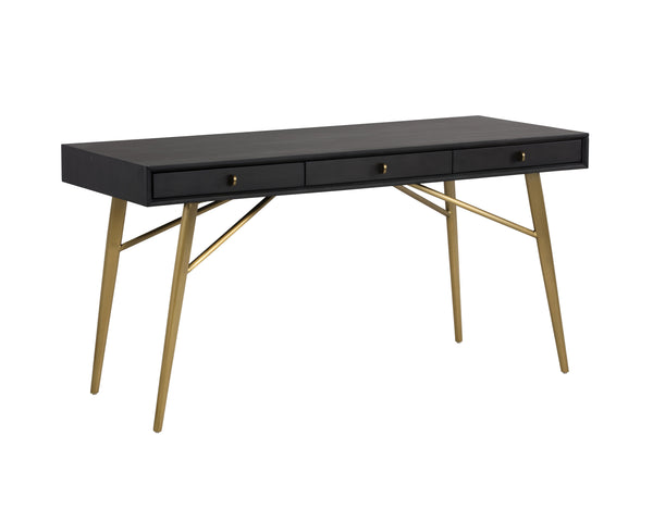 Sunpan Giana Desk - Rustic Acacia Wood Veneer with Smoked Grey Finish & Brass Pulls for Stylish Storage