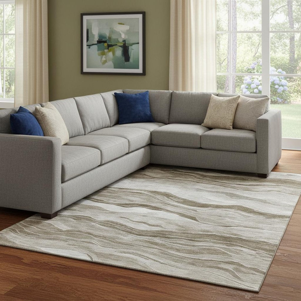 HomeRoots 8' Brown and Beige Striped Washable Area Rug - Durable, UV Protected, Ideal for Homes with Kids & Pets 692503