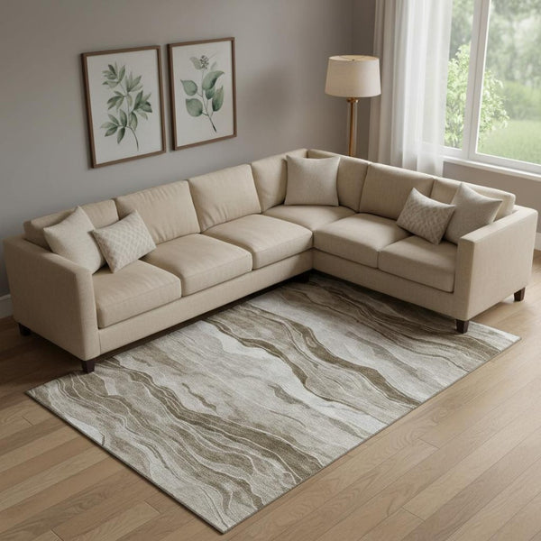 HomeRoots 9' X 12' Brown and Beige Striped Area Rug - Washable, UV-Protected, Stain-Resistant, Non-Slip Backing 692504