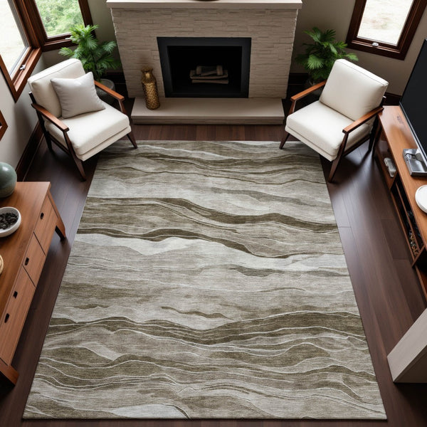 HomeRoots 10' Brown and Beige Striped Washable Area Rug – Durable, UV-Protected, Perfect for Busy Homes! 692505