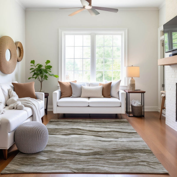 HomeRoots 10' Brown and Beige Striped Washable Area Rug – Durable, UV-Protected, Perfect for Busy Homes! 692505