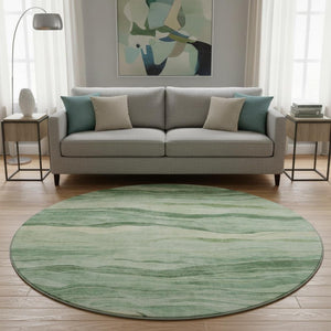 HomeRoots 8' x 8' Striped Washable Round Rug - Green & Beige with UV Protection for Durable, Stylish Spaces 692508