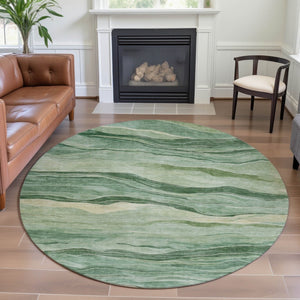 HomeRoots 8' x 8' Striped Washable Round Rug - Green & Beige with UV Protection for Durable, Stylish Spaces 692508