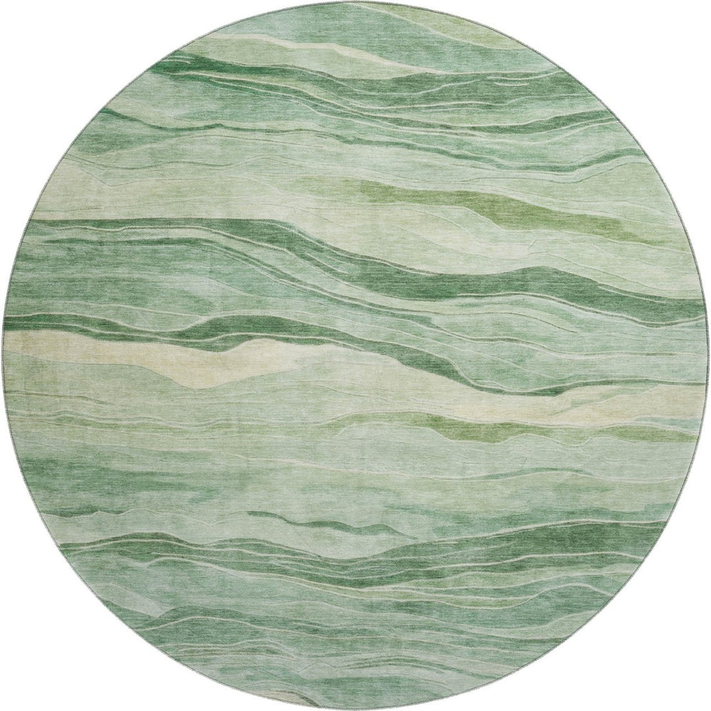 HomeRoots 8' x 8' Striped Washable Round Rug - Green & Beige with UV Protection for Durable, Stylish Spaces 692508