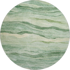 HomeRoots 8' x 8' Striped Washable Round Rug - Green & Beige with UV Protection for Durable, Stylish Spaces 692508