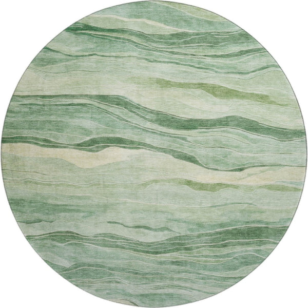 HomeRoots 8' x 8' Striped Washable Round Rug - Green & Beige with UV Protection for Durable, Stylish Spaces 692508