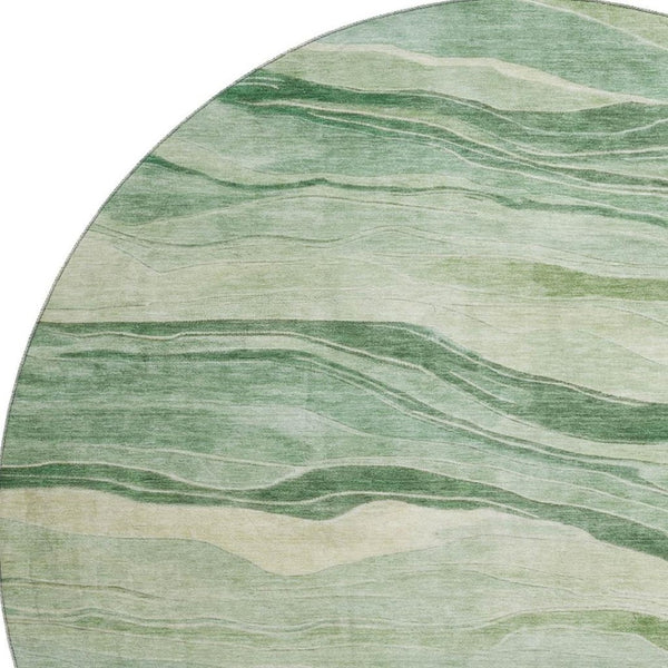HomeRoots 8' x 8' Striped Washable Round Rug - Green & Beige with UV Protection for Durable, Stylish Spaces 692508