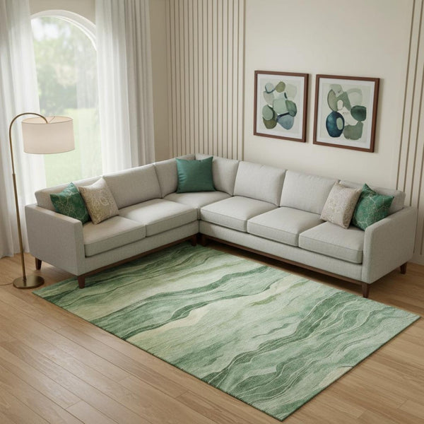 HomeRoots 9' Green and Beige Striped Washable Area Rug - Durable, Stain-Resistant, UV-Protected for Homes 692510