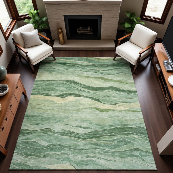 HomeRoots 10' Green & Beige Striped Washable Area Rug with UV Protection - Durable, Stylish & Easy-Care Solution 692511