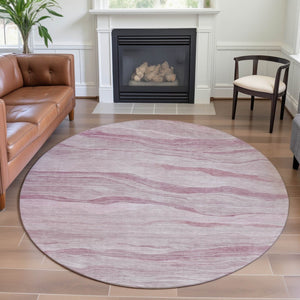 HomeRoots 8' X 8' Pink And Ivory Striped Round Rug - Washable, UV Protected, Non-Slip, Perfect for Kids & Pets 692514