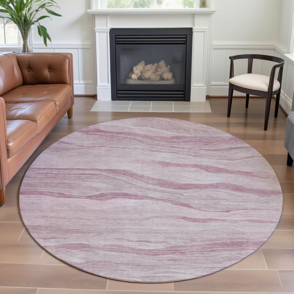 HomeRoots 8' X 8' Pink And Ivory Striped Round Rug - Washable, UV Protected, Non-Slip, Perfect for Kids & Pets 692514
