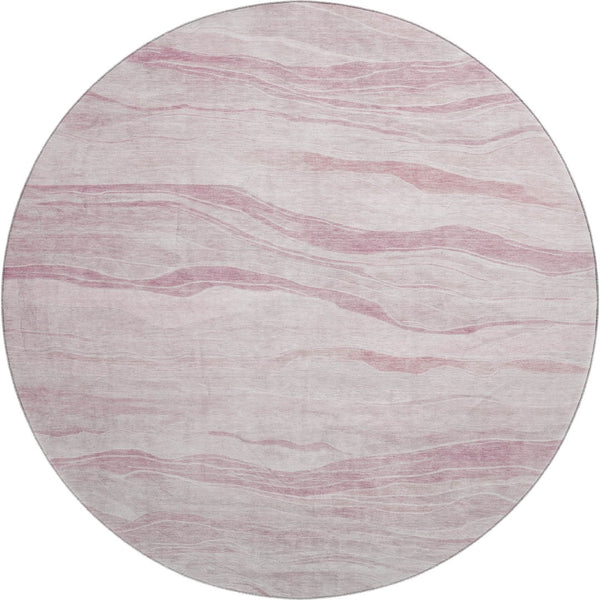 HomeRoots 8' X 8' Pink And Ivory Striped Round Rug - Washable, UV Protected, Non-Slip, Perfect for Kids & Pets 692514