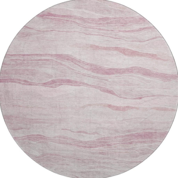 HomeRoots 8' X 8' Pink And Ivory Striped Round Rug - Washable, UV Protected, Non-Slip, Perfect for Kids & Pets 692514