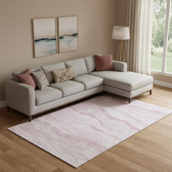 HomeRoots 9' X 12' Pink And Ivory Striped Washable Area Rug - Durable, Stain Resistant, UV Protected for Modern Spaces 692516