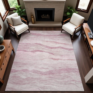 HomeRoots 9' X 12' Pink And Ivory Striped Washable Area Rug - Durable, Stain Resistant, UV Protected for Modern Spaces 692516