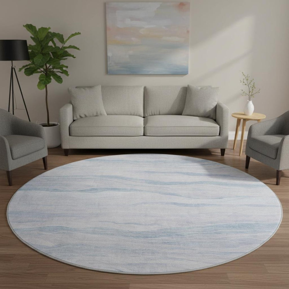 HomeRoots 8' X 8' Sky Blue Striped Round Rug with UV Protection - Washable, Stain-Resistant & Durable Design 692520