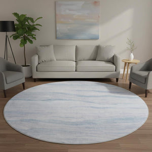 HomeRoots 8' X 8' Sky Blue Striped Round Rug with UV Protection - Washable, Stain-Resistant & Durable Design 692520