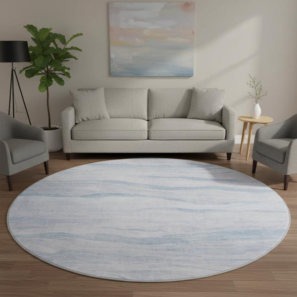 HomeRoots 8' X 8' Sky Blue Striped Round Rug with UV Protection - Washable, Stain-Resistant & Durable Design 692520