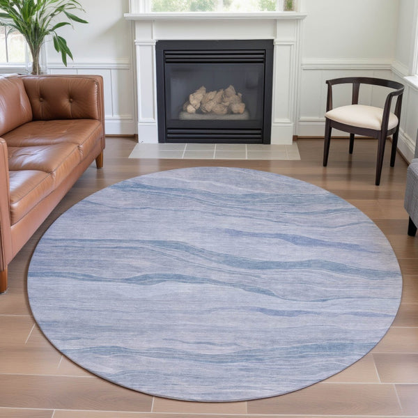 HomeRoots 8' X 8' Sky Blue Striped Round Rug with UV Protection - Washable, Stain-Resistant & Durable Design 692520