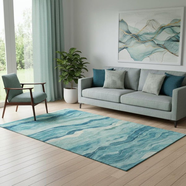HomeRoots 5' X 8' Stylish Turquoise & Ivory Striped Washable Area Rug with UV Protection for High Traffic Areas 692525