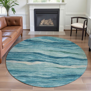 HomeRoots 8' X 8' Coastal-Inspired Turquoise and Ivory Striped Washable Rug with UV Protection for Homes 692526