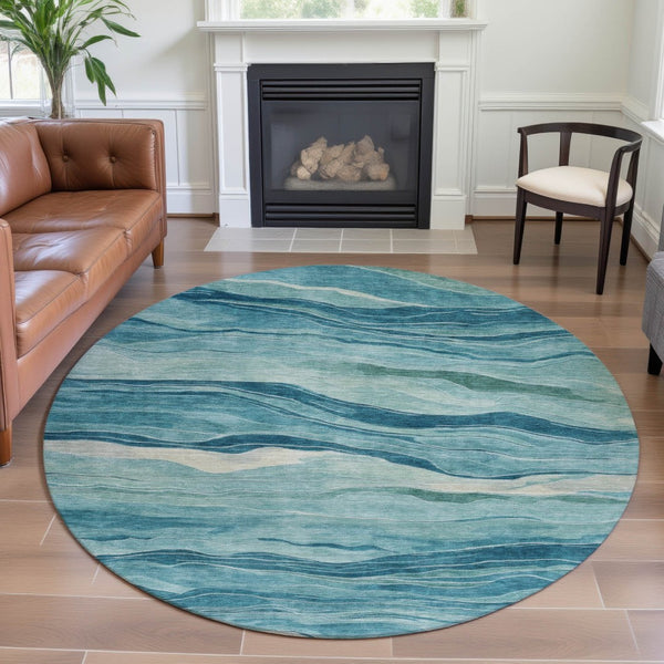 HomeRoots 8' X 8' Coastal-Inspired Turquoise and Ivory Striped Washable Rug with UV Protection for Homes 692526