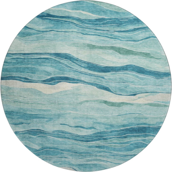 HomeRoots 8' X 8' Coastal-Inspired Turquoise and Ivory Striped Washable Rug with UV Protection for Homes 692526
