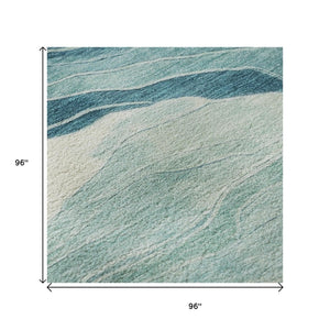 HomeRoots 8' X 8' Coastal-Inspired Turquoise and Ivory Striped Washable Rug with UV Protection for Homes 692526