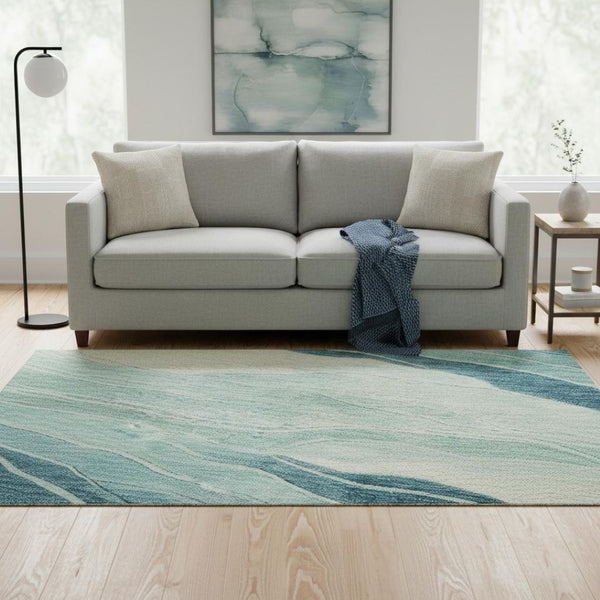 HomeRoots 8' X 8' Coastal-Inspired Turquoise and Ivory Striped Washable Rug with UV Protection for Homes 692526