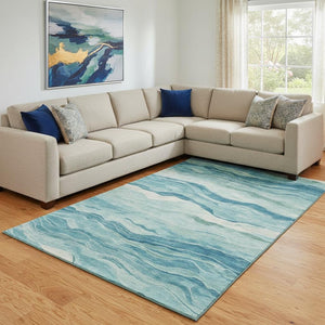 HomeRoots 8' Coastal-Inspired Turquoise & Ivory Striped Area Rug - Durable, Washable, UV-Protected & Non-Slip 692527