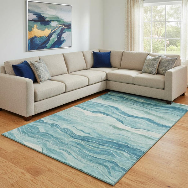 HomeRoots 8' Coastal-Inspired Turquoise & Ivory Striped Area Rug - Durable, Washable, UV-Protected & Non-Slip 692527