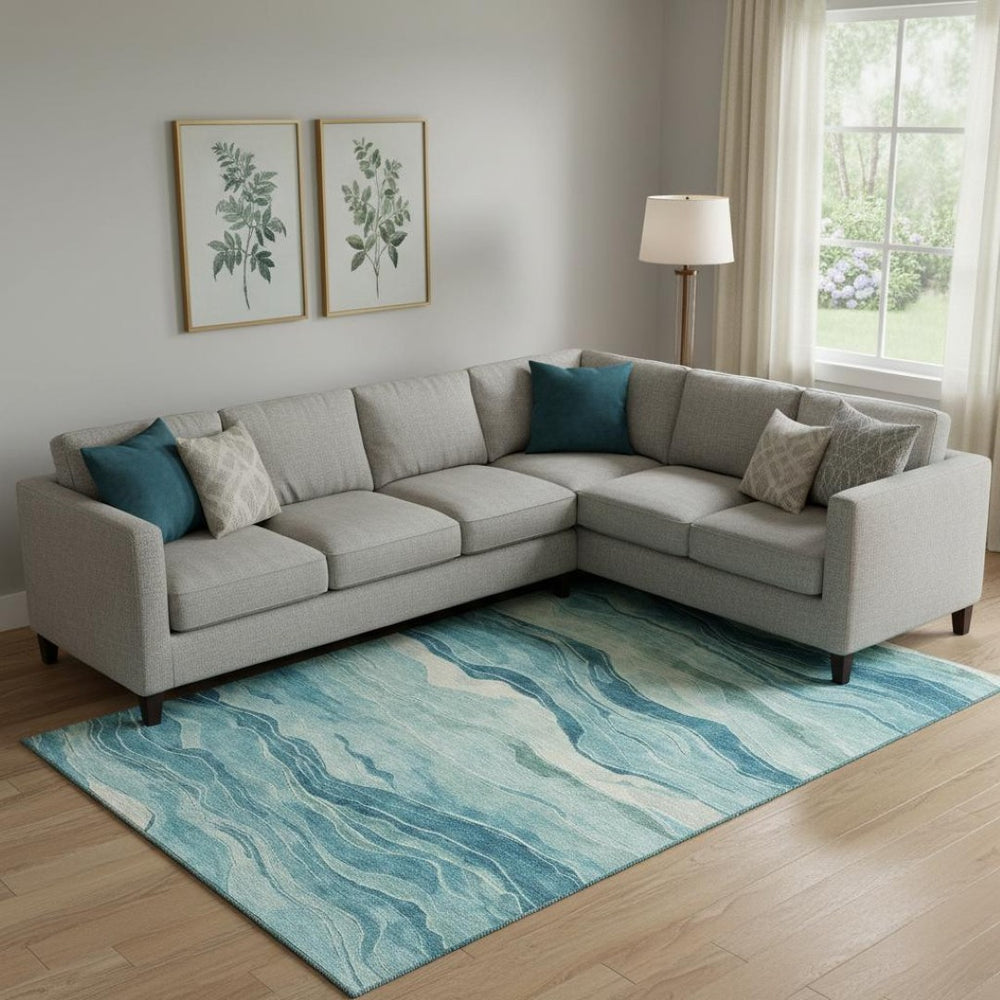 HomeRoots 9' X 12' Stylish Turquoise & Ivory Striped Area Rug - Washable, UV Protected, Stain Resistant Design 692528