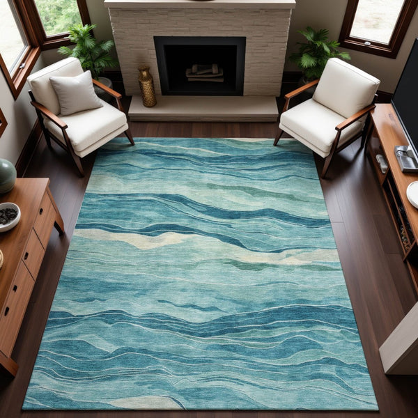 HomeRoots 9' X 12' Stylish Turquoise & Ivory Striped Area Rug - Washable, UV Protected, Stain Resistant Design 692528