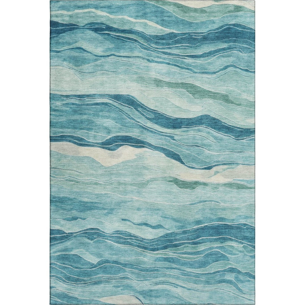 HomeRoots 9' X 12' Stylish Turquoise & Ivory Striped Area Rug - Washable, UV Protected, Stain Resistant Design 692528