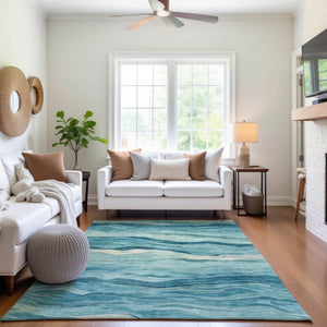 HomeRoots 9' X 12' Stylish Turquoise & Ivory Striped Area Rug - Washable, UV Protected, Stain Resistant Design 692528