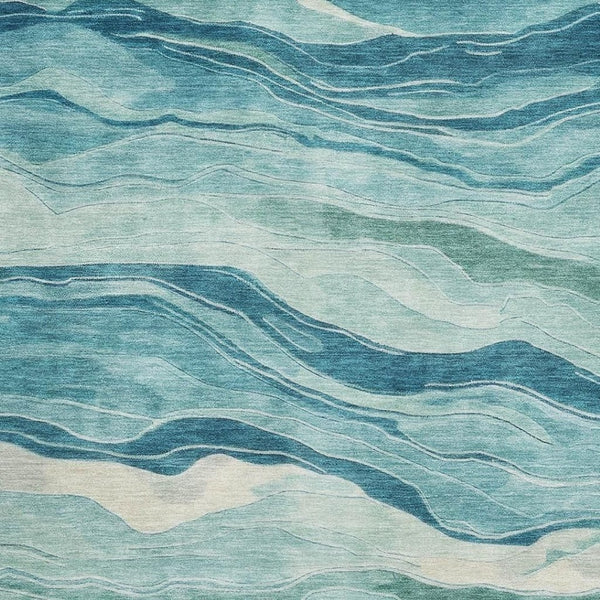 HomeRoots 9' X 12' Stylish Turquoise & Ivory Striped Area Rug - Washable, UV Protected, Stain Resistant Design 692528