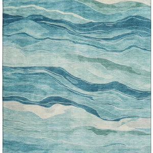 HomeRoots 9' X 12' Stylish Turquoise & Ivory Striped Area Rug - Washable, UV Protected, Stain Resistant Design 692528