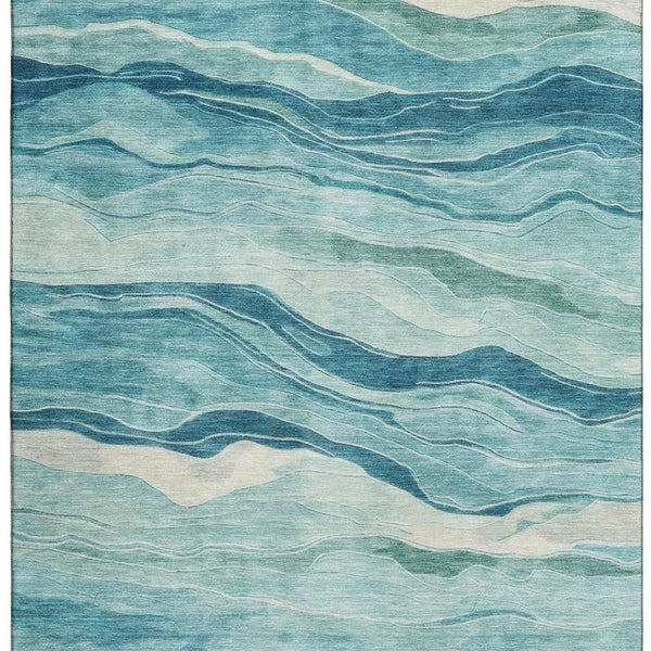 HomeRoots 9' X 12' Stylish Turquoise & Ivory Striped Area Rug - Washable, UV Protected, Stain Resistant Design 692528