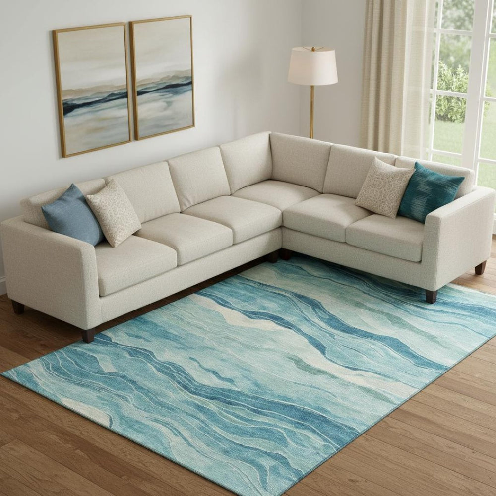 HomeRoots 10' X 14' Turquoise & Ivory Striped Area Rug - Washable, UV-Protected, Perfect for Family Spaces! 692529