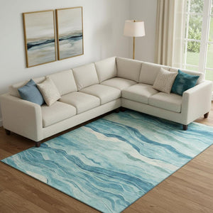 HomeRoots 10' X 14' Turquoise & Ivory Striped Area Rug - Washable, UV-Protected, Perfect for Family Spaces! 692529