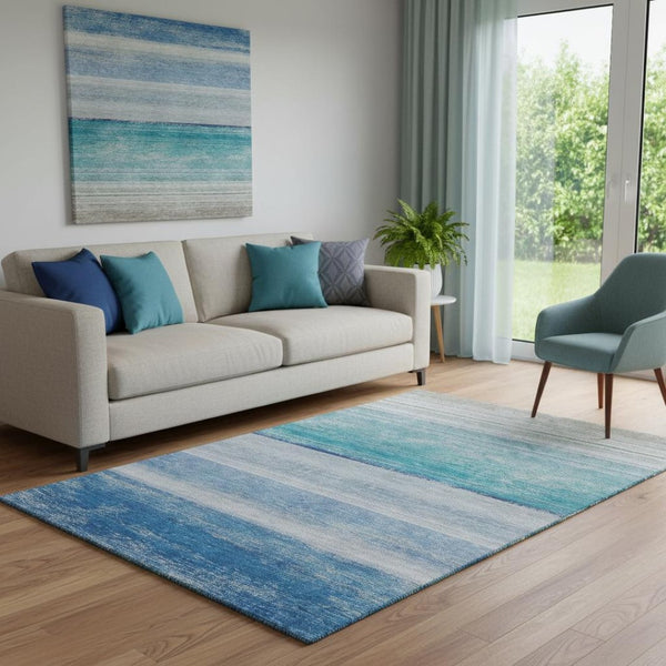 HomeRoots 5' X 8' Coastal-Inspired Striped Area Rug in Sky Blue, Beige & Ivory - Washable, UV Protected, Stylish! 692531