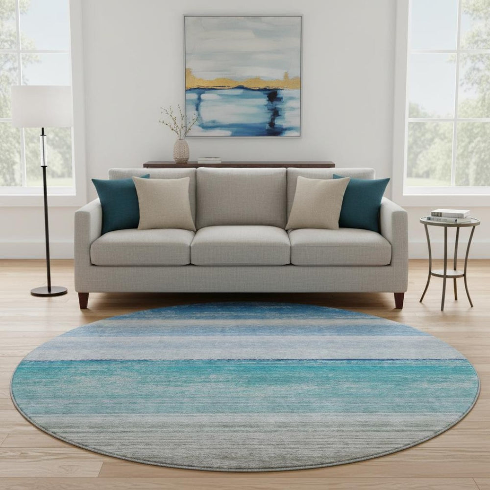 HomeRoots 8' X 8' Sky Blue, Beige & Ivory Striped Washable Round Rug with UV Protection & Stain Resistance 692532