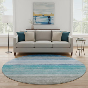 HomeRoots 8' X 8' Sky Blue, Beige & Ivory Striped Washable Round Rug with UV Protection & Stain Resistance 692532