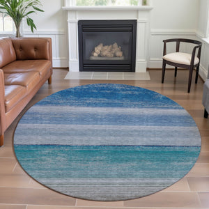 HomeRoots 8' X 8' Sky Blue, Beige & Ivory Striped Washable Round Rug with UV Protection & Stain Resistance 692532