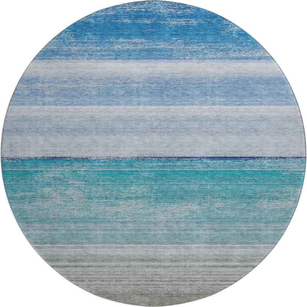 HomeRoots 8' X 8' Sky Blue, Beige & Ivory Striped Washable Round Rug with UV Protection & Stain Resistance 692532