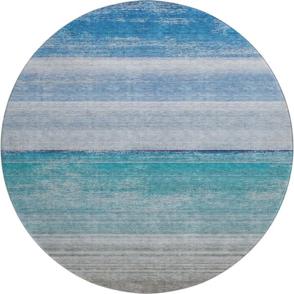 HomeRoots 8' X 8' Sky Blue, Beige & Ivory Striped Washable Round Rug with UV Protection & Stain Resistance 692532