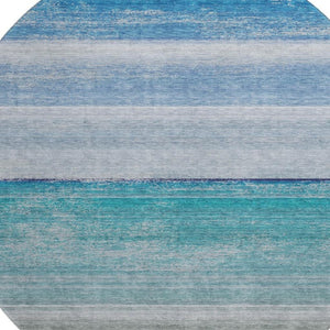 HomeRoots 8' X 8' Sky Blue, Beige & Ivory Striped Washable Round Rug with UV Protection & Stain Resistance 692532