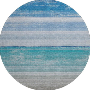 HomeRoots 8' X 8' Sky Blue, Beige & Ivory Striped Washable Round Rug with UV Protection & Stain Resistance 692532