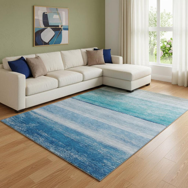 HomeRoots 8' Sky Blue Beige Ivory Striped Washable Area Rug - UV Protected, Soft, Durable, Ideal for Homes! 692533