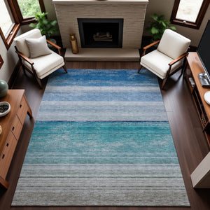 HomeRoots 8' Sky Blue Beige Ivory Striped Washable Area Rug - UV Protected, Soft, Durable, Ideal for Homes! 692533